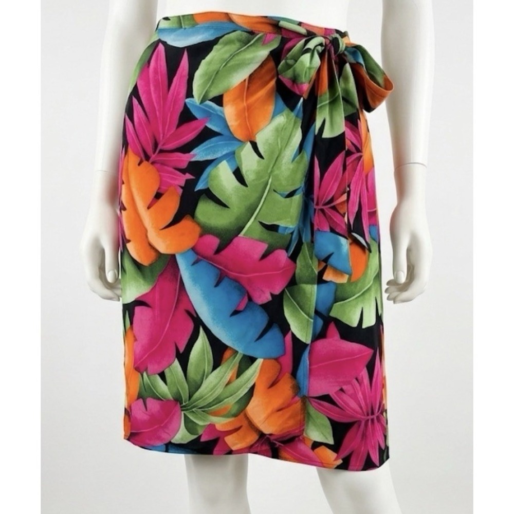 Vtg Dana Buchman 100% Silk Mock Wrap Skirt 10 Tropical Floral Resortwear Boho